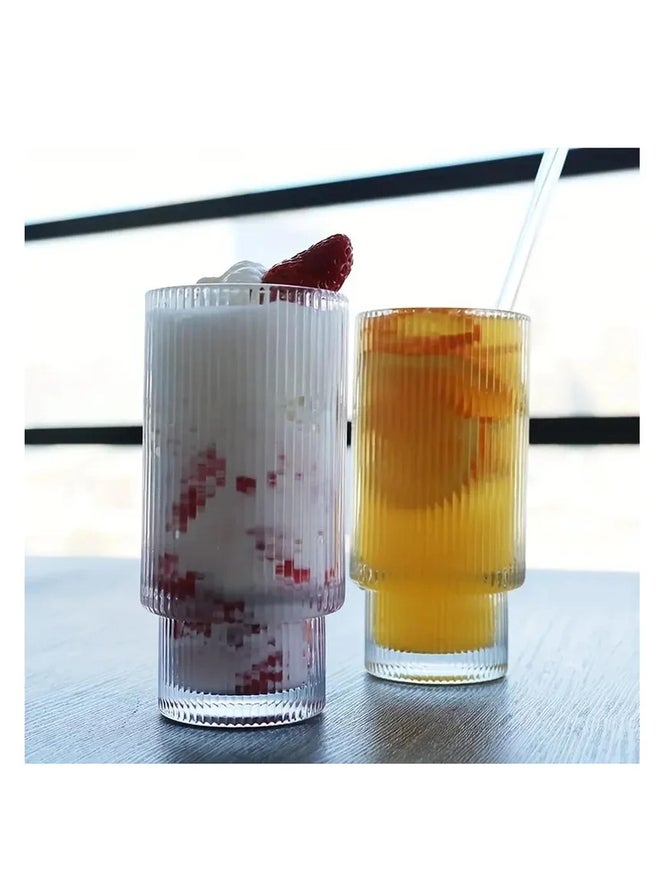 1CHASE Set of 4 - Borosilicate Ribbed Drinking Glasses with Straws and Bamboo Lid 450ml - Image 4